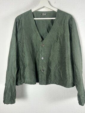 BLUE FISH Womens Green Textured Silk Cardigan Top Vintage Art To Wear Lagenlook